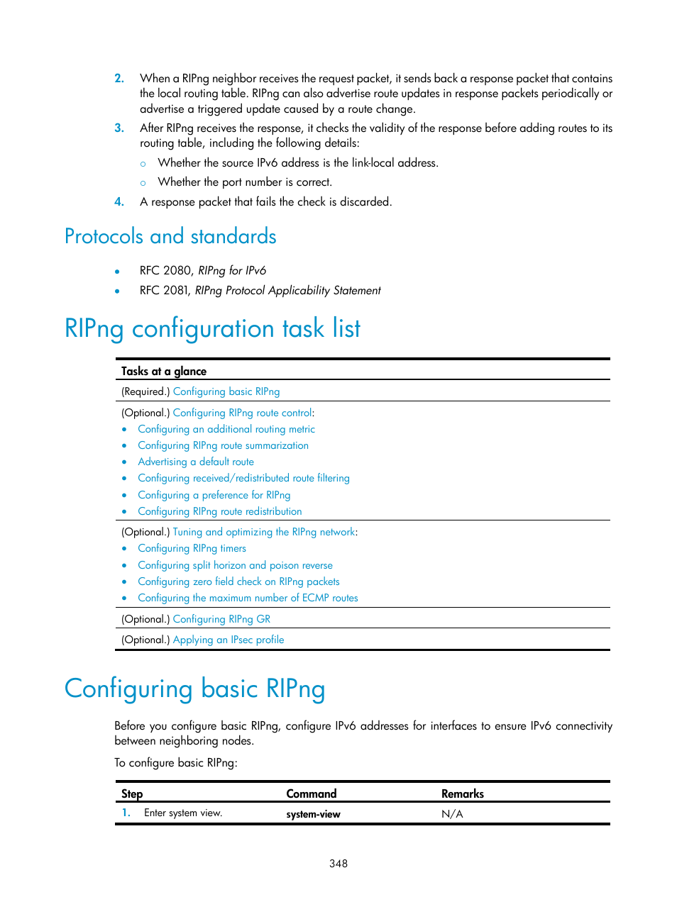 Protocols and standards, Ripng configuration task list, Configuring basic ripng | H3C Technologies H3C S5560 Series Switches User Manual | Page 364 / 510