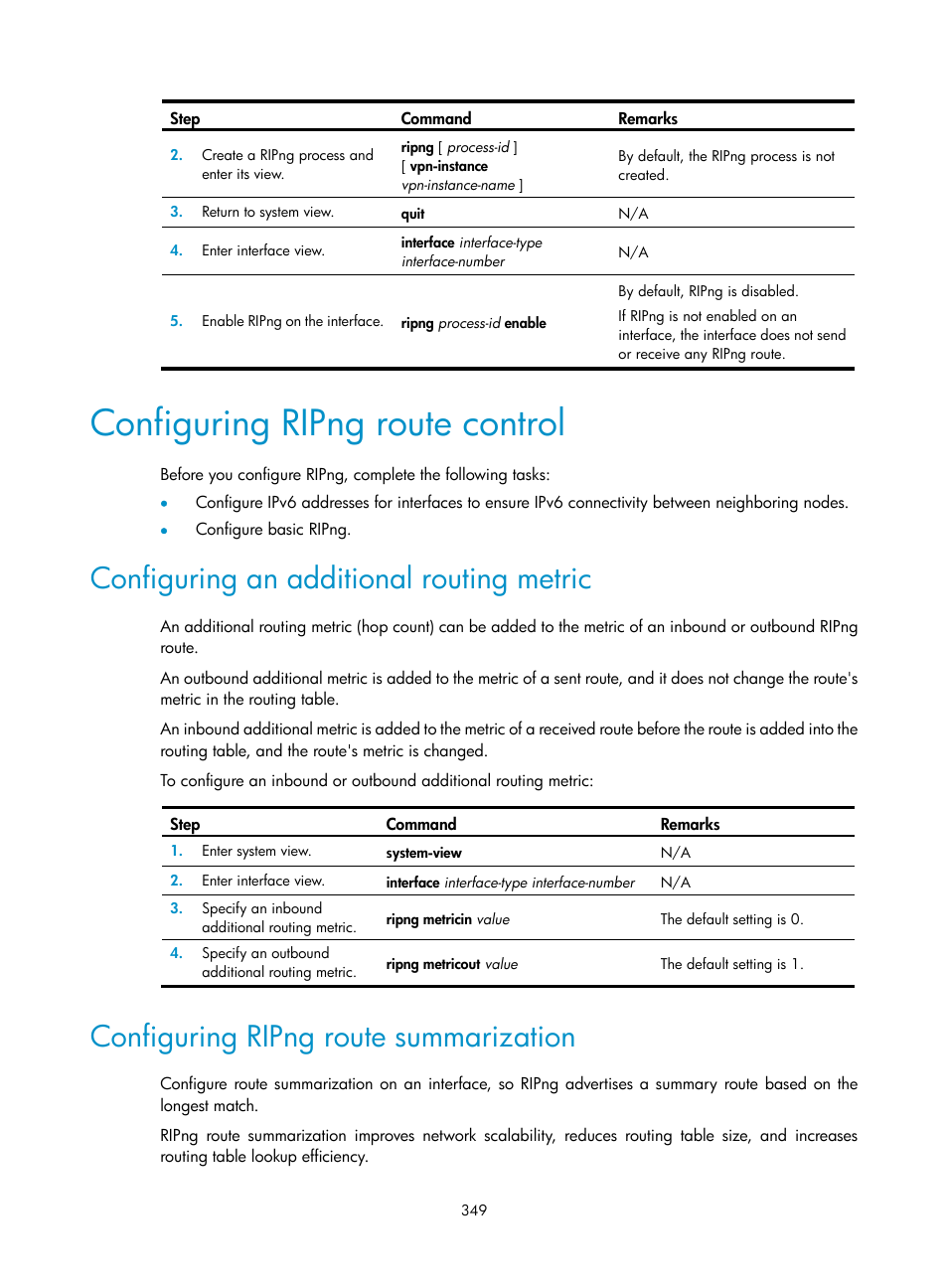 Configuring ripng route control, Configuring an additional routing metric, Configuring ripng route summarization | H3C Technologies H3C S5560 Series Switches User Manual | Page 365 / 510