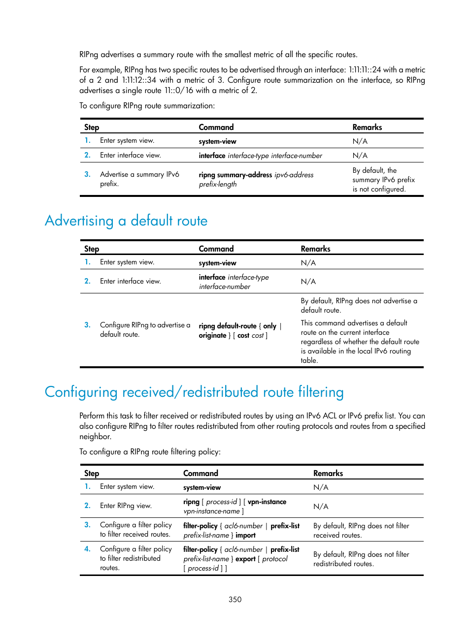 Advertising a default route, Configuring received/redistributed route filtering | H3C Technologies H3C S5560 Series Switches User Manual | Page 366 / 510