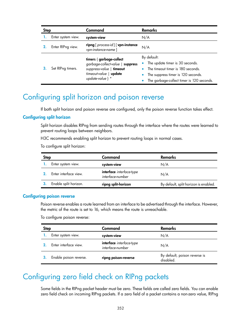Configuring split horizon and poison reverse, Configuring split horizon, Configuring poison reverse | Configuring zero field check on ripng packets | H3C Technologies H3C S5560 Series Switches User Manual | Page 368 / 510