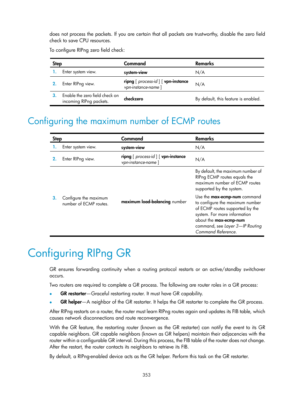 Configuring the maximum number of ecmp routes, Configuring ripng gr | H3C Technologies H3C S5560 Series Switches User Manual | Page 369 / 510