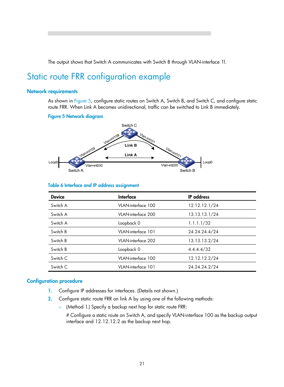 Static route frr configuration example, Network requirements, Configuration procedure | H3C Technologies H3C S5560 Series Switches User Manual | Page 37 / 510