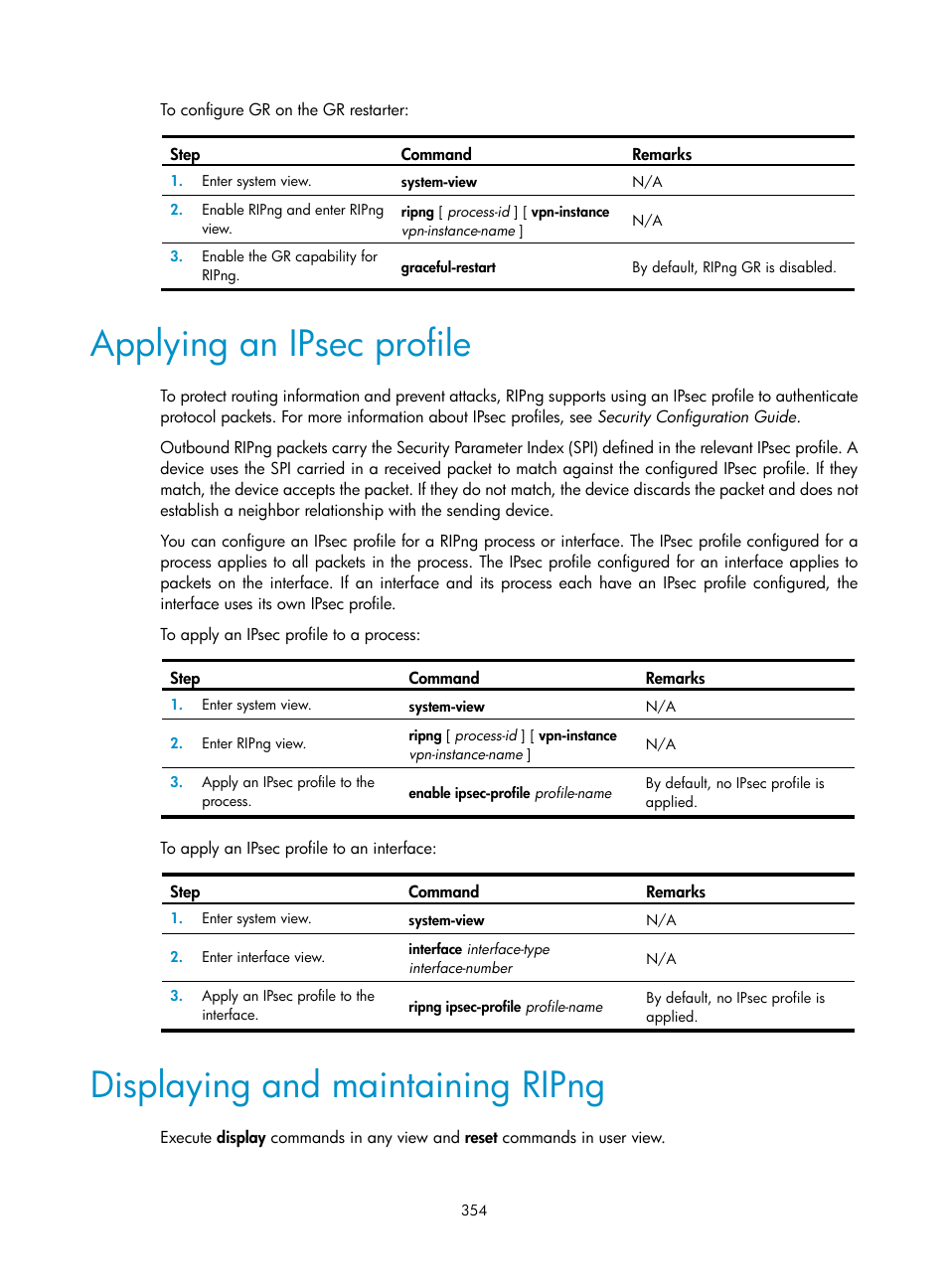 Applying an ipsec profile, Displaying and maintaining ripng | H3C Technologies H3C S5560 Series Switches User Manual | Page 370 / 510