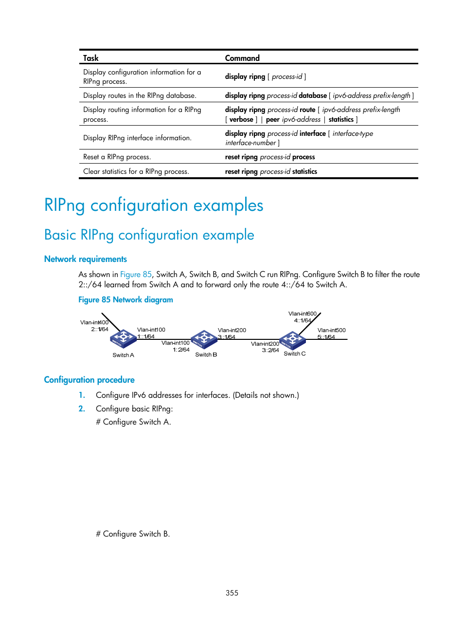 Ripng configuration examples, Basic ripng configuration example, Network requirements | Configuration procedure | H3C Technologies H3C S5560 Series Switches User Manual | Page 371 / 510