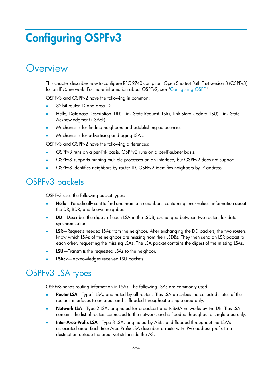 Configuring ospfv3, Overview, Ospfv3 packets | Ospfv3 lsa types | H3C Technologies H3C S5560 Series Switches User Manual | Page 380 / 510