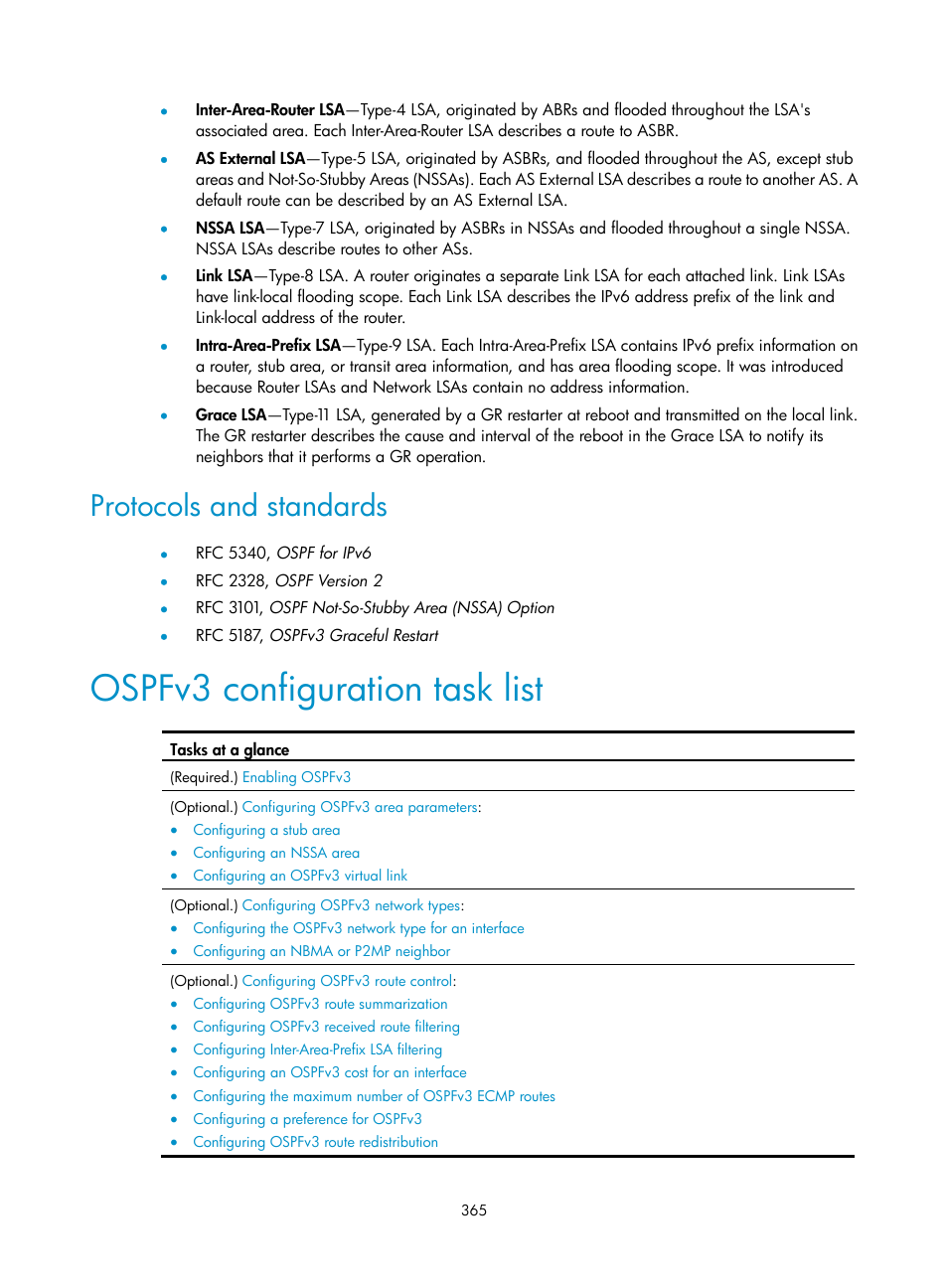 Protocols and standards, Ospfv3 configuration task list | H3C Technologies H3C S5560 Series Switches User Manual | Page 381 / 510