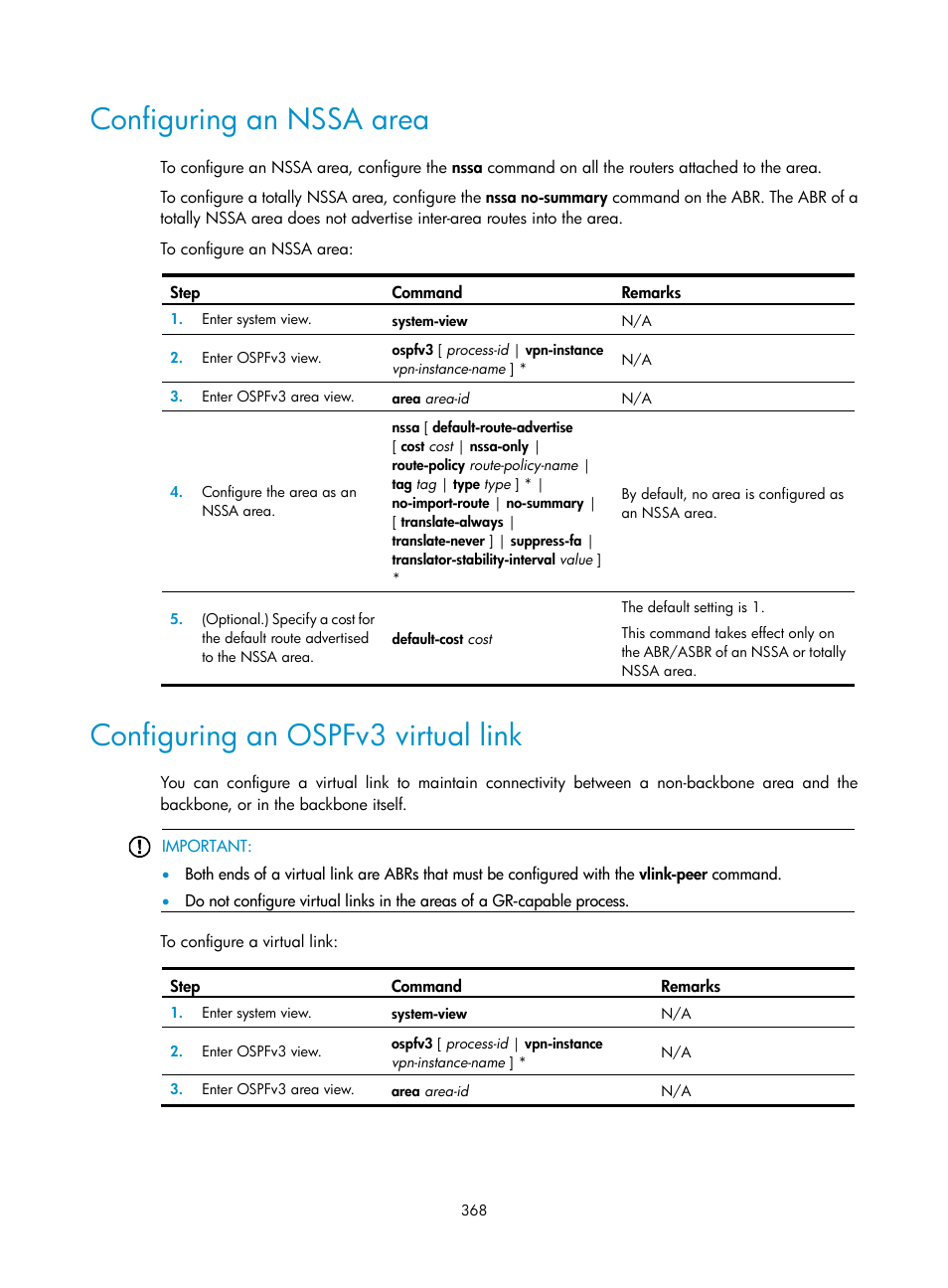 Configuring an nssa area, Configuring an ospfv3 virtual link | H3C Technologies H3C S5560 Series Switches User Manual | Page 384 / 510