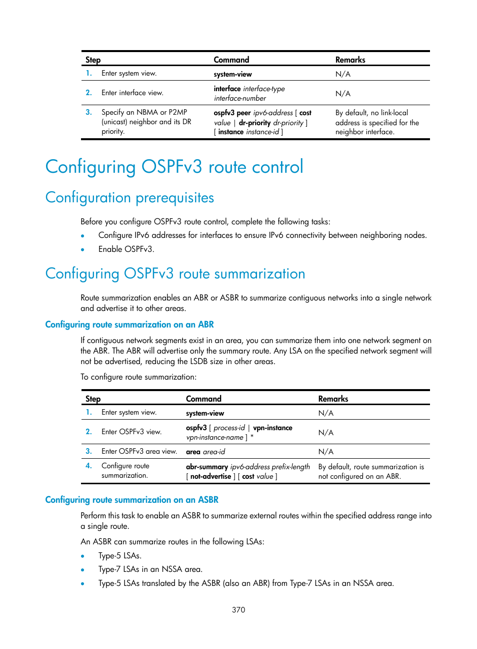 Configuring ospfv3 route control, Configuration prerequisites, Configuring ospfv3 route summarization | Configuring route summarization on an abr, Configuring route summarization on an asbr | H3C Technologies H3C S5560 Series Switches User Manual | Page 386 / 510