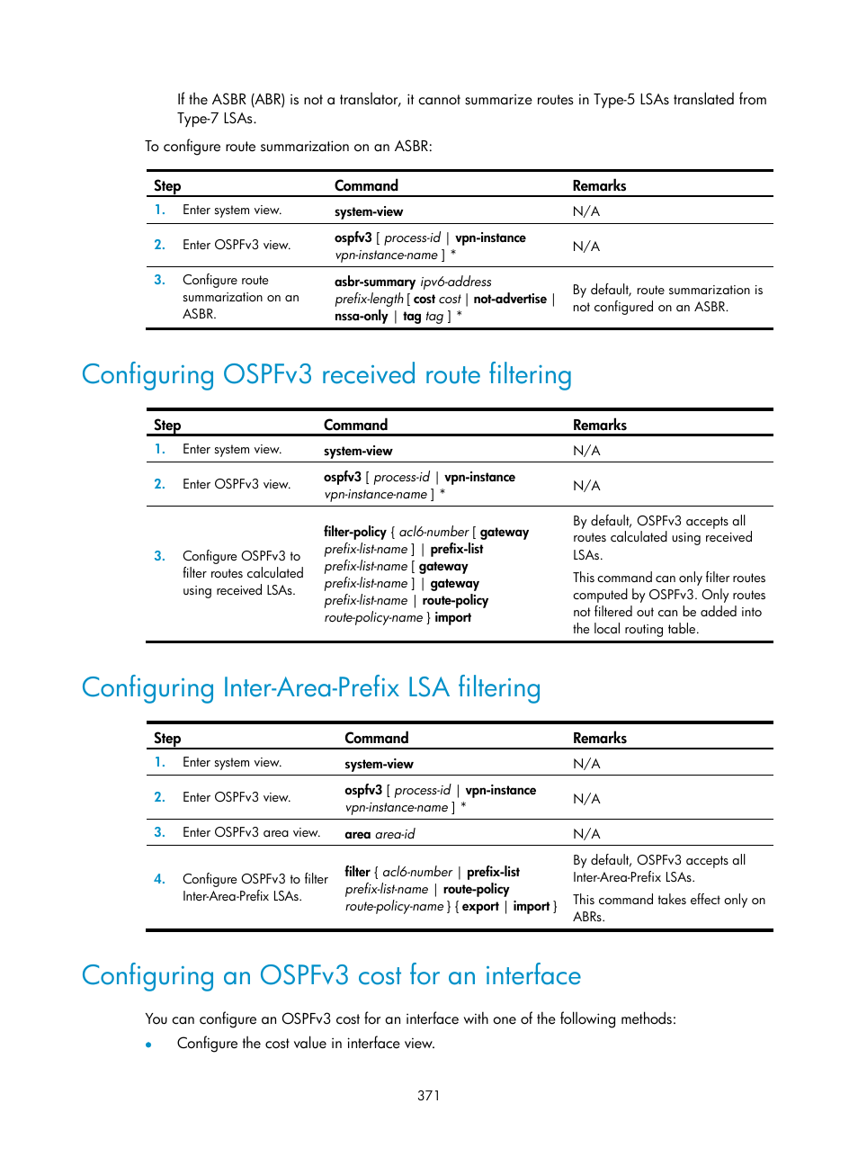 Configuring ospfv3 received route filtering, Configuring inter-area-prefix lsa filtering, Configuring an ospfv3 cost for an interface | H3C Technologies H3C S5560 Series Switches User Manual | Page 387 / 510