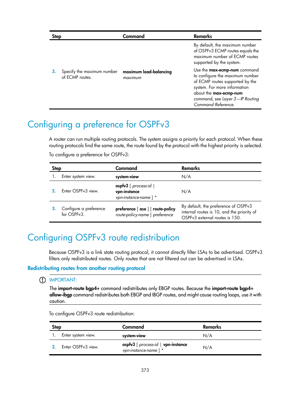 Configuring a preference for ospfv3, Configuring ospfv3 route redistribution | H3C Technologies H3C S5560 Series Switches User Manual | Page 389 / 510