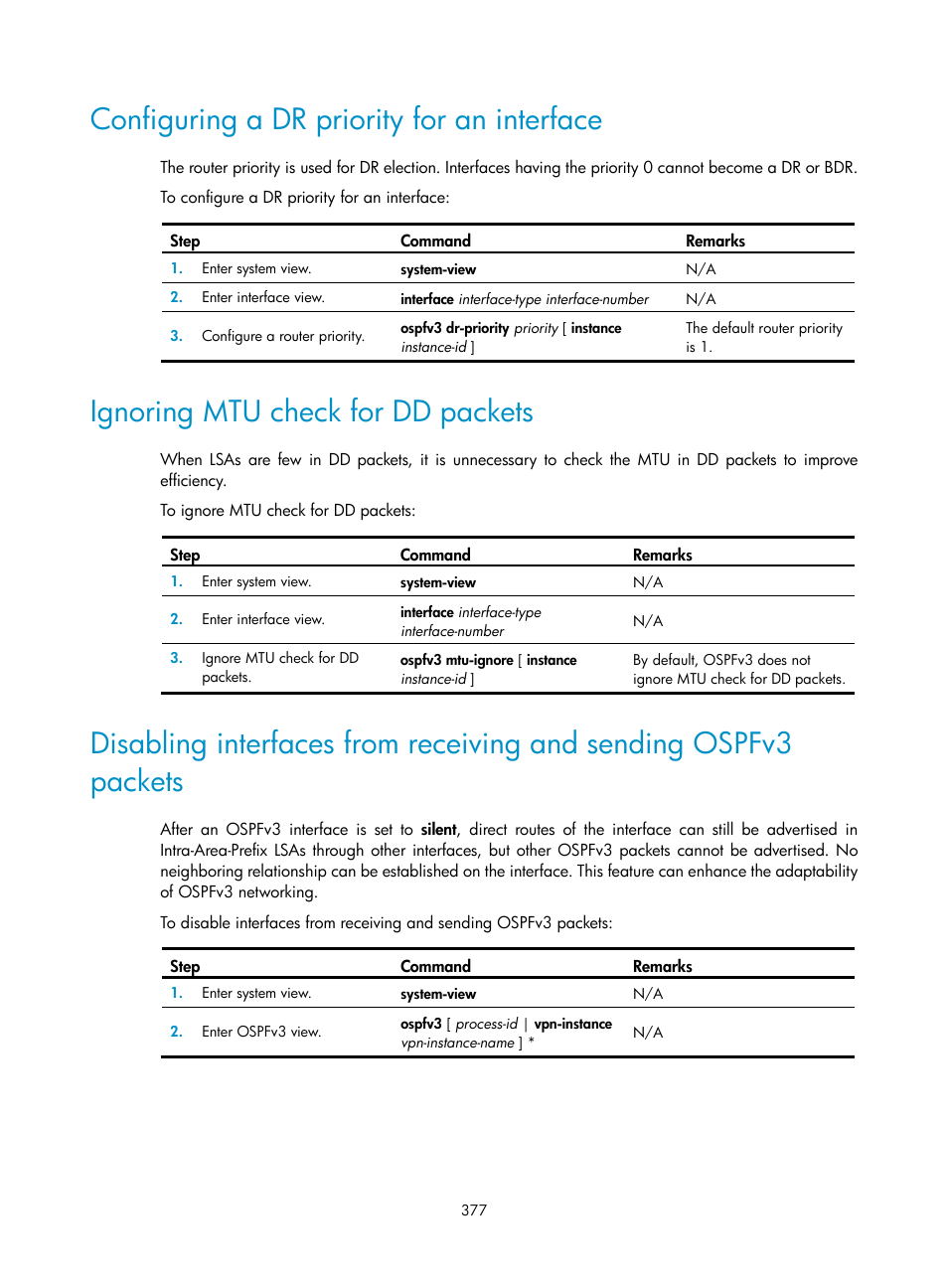 Configuring a dr priority for an interface, Ignoring mtu check for dd packets | H3C Technologies H3C S5560 Series Switches User Manual | Page 393 / 510