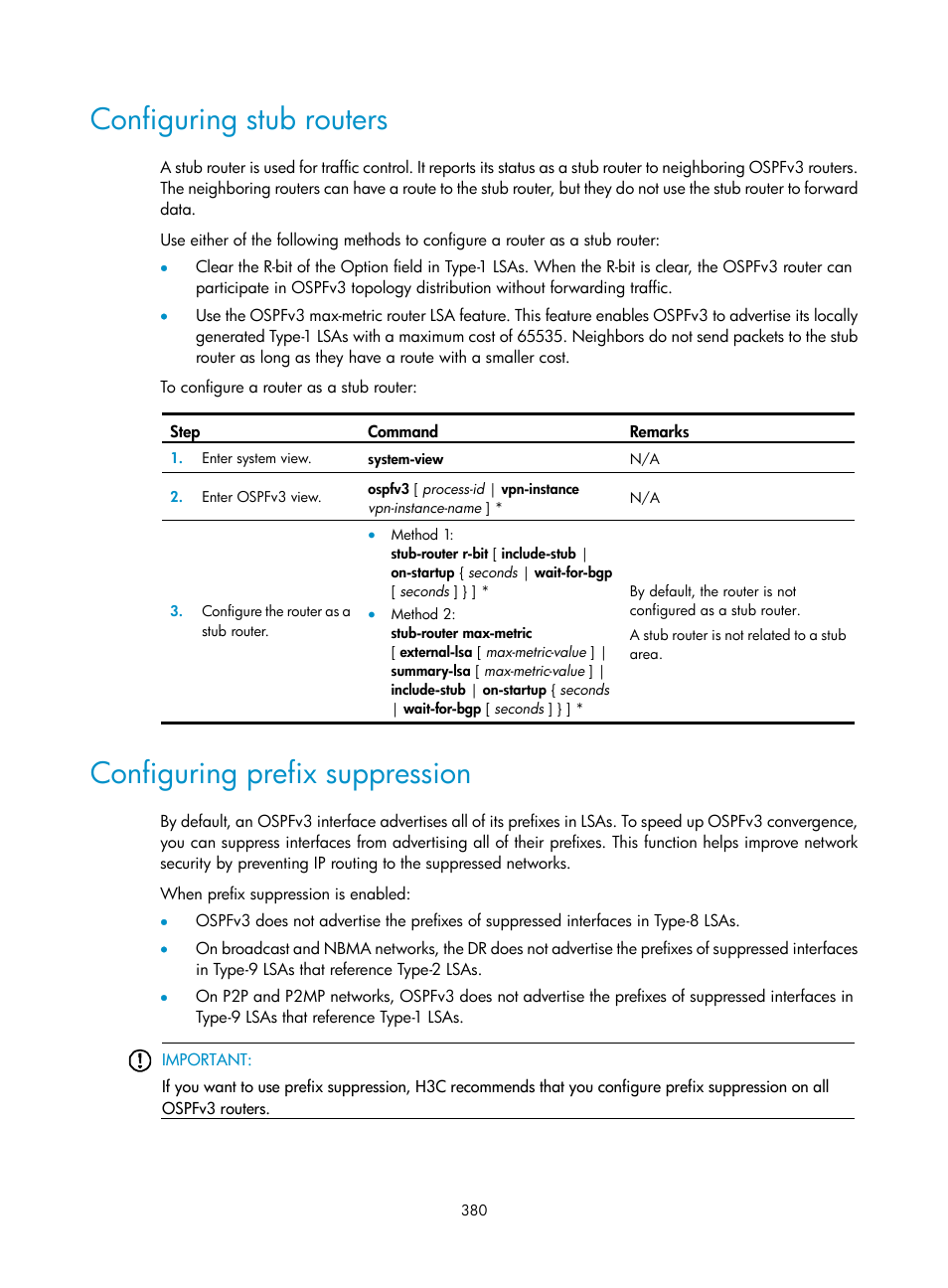 Configuring stub routers, Configuring prefix suppression | H3C Technologies H3C S5560 Series Switches User Manual | Page 396 / 510
