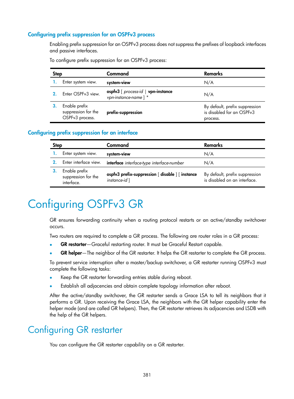 Configuring prefix suppression for an interface, Configuring ospfv3 gr, Configuring gr restarter | H3C Technologies H3C S5560 Series Switches User Manual | Page 397 / 510