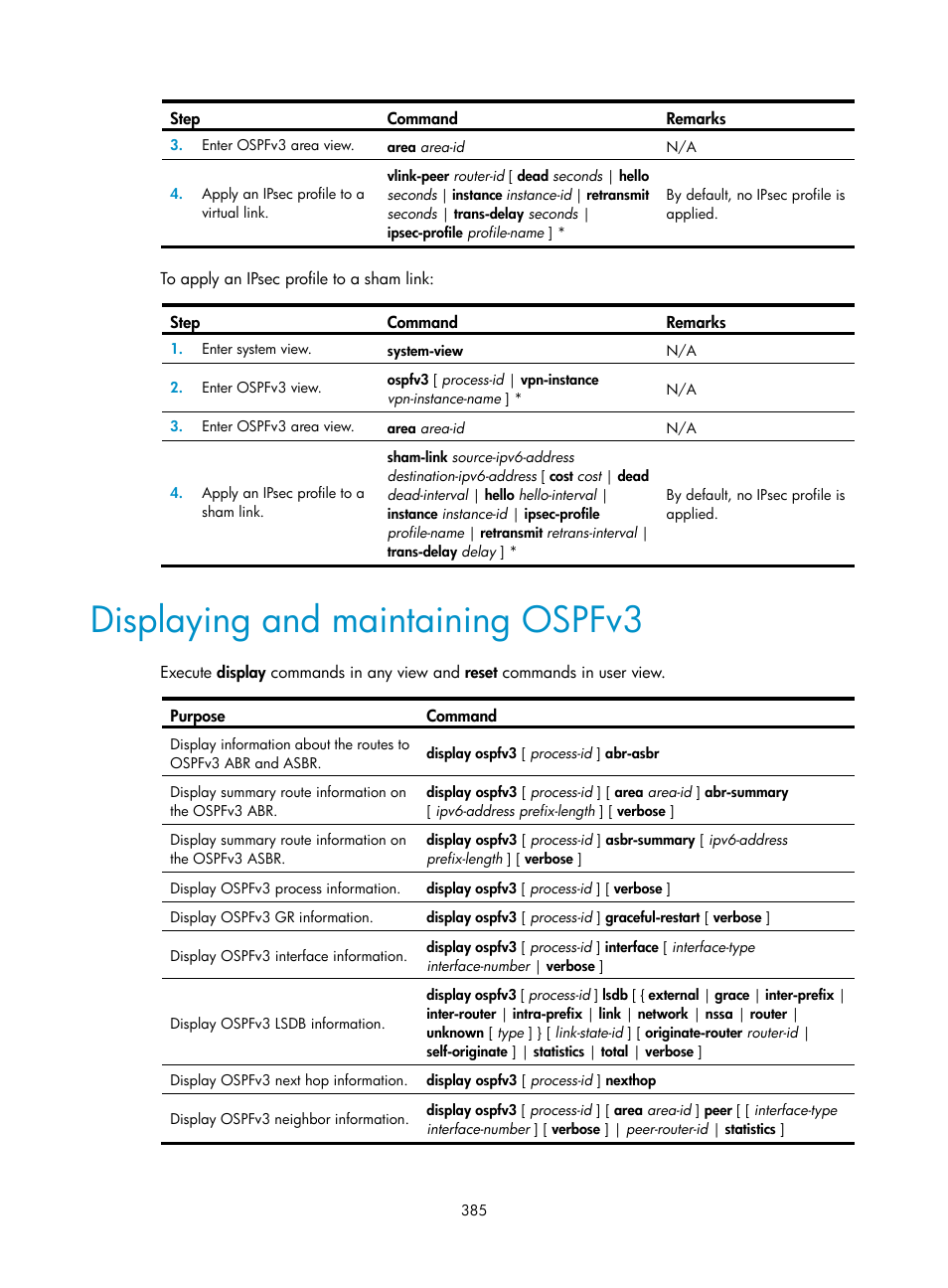 Displaying and maintaining ospfv3 | H3C Technologies H3C S5560 Series Switches User Manual | Page 401 / 510