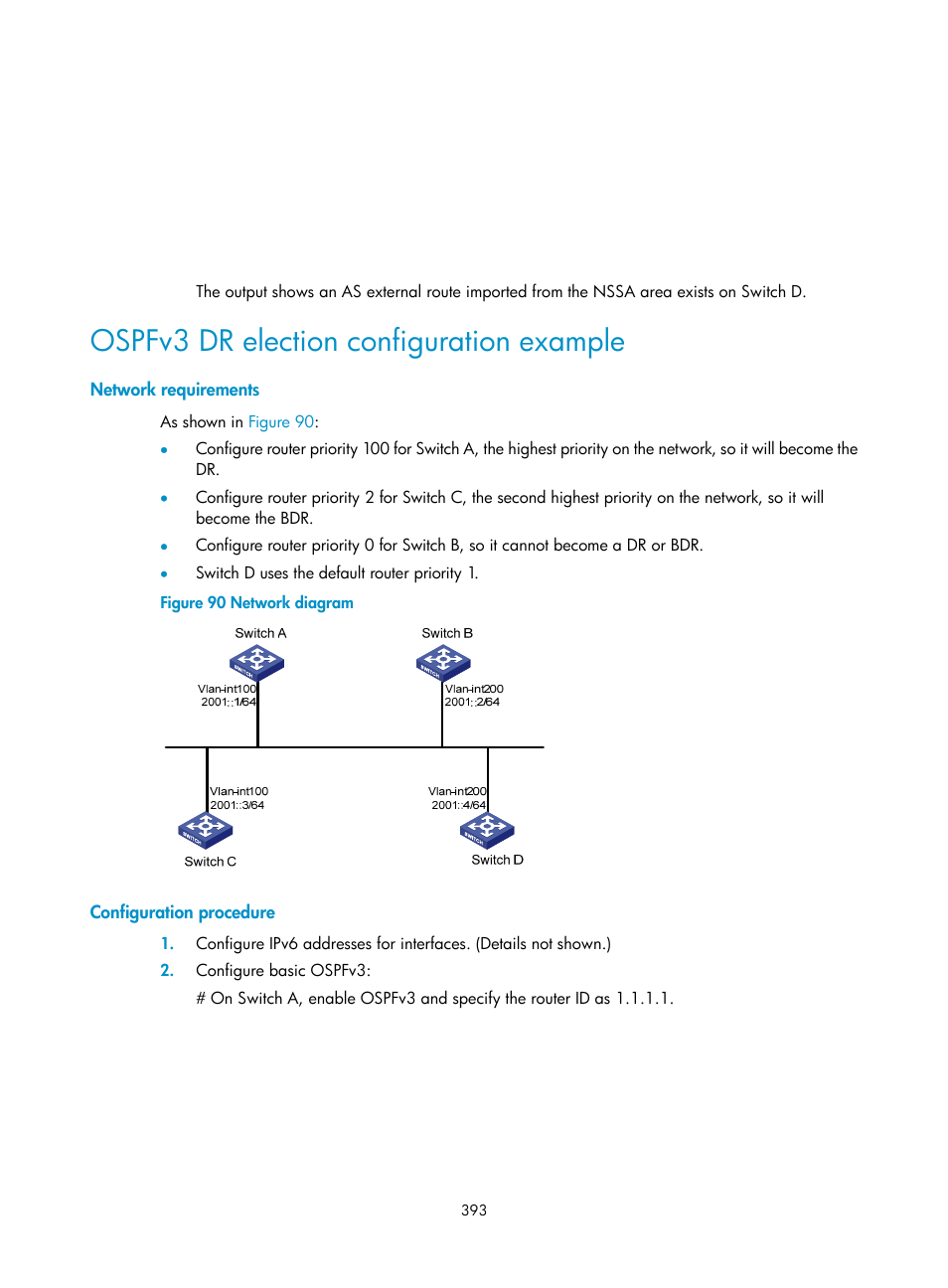 Ospfv3 dr election configuration example, Network requirements, Configuration procedure | H3C Technologies H3C S5560 Series Switches User Manual | Page 409 / 510