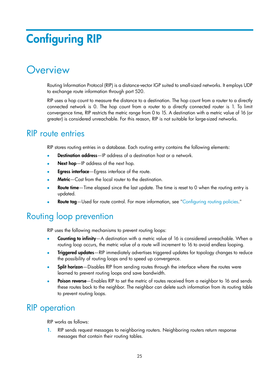 Configuring rip, Overview, Rip route entries | Routing loop prevention, Rip operation | H3C Technologies H3C S5560 Series Switches User Manual | Page 41 / 510