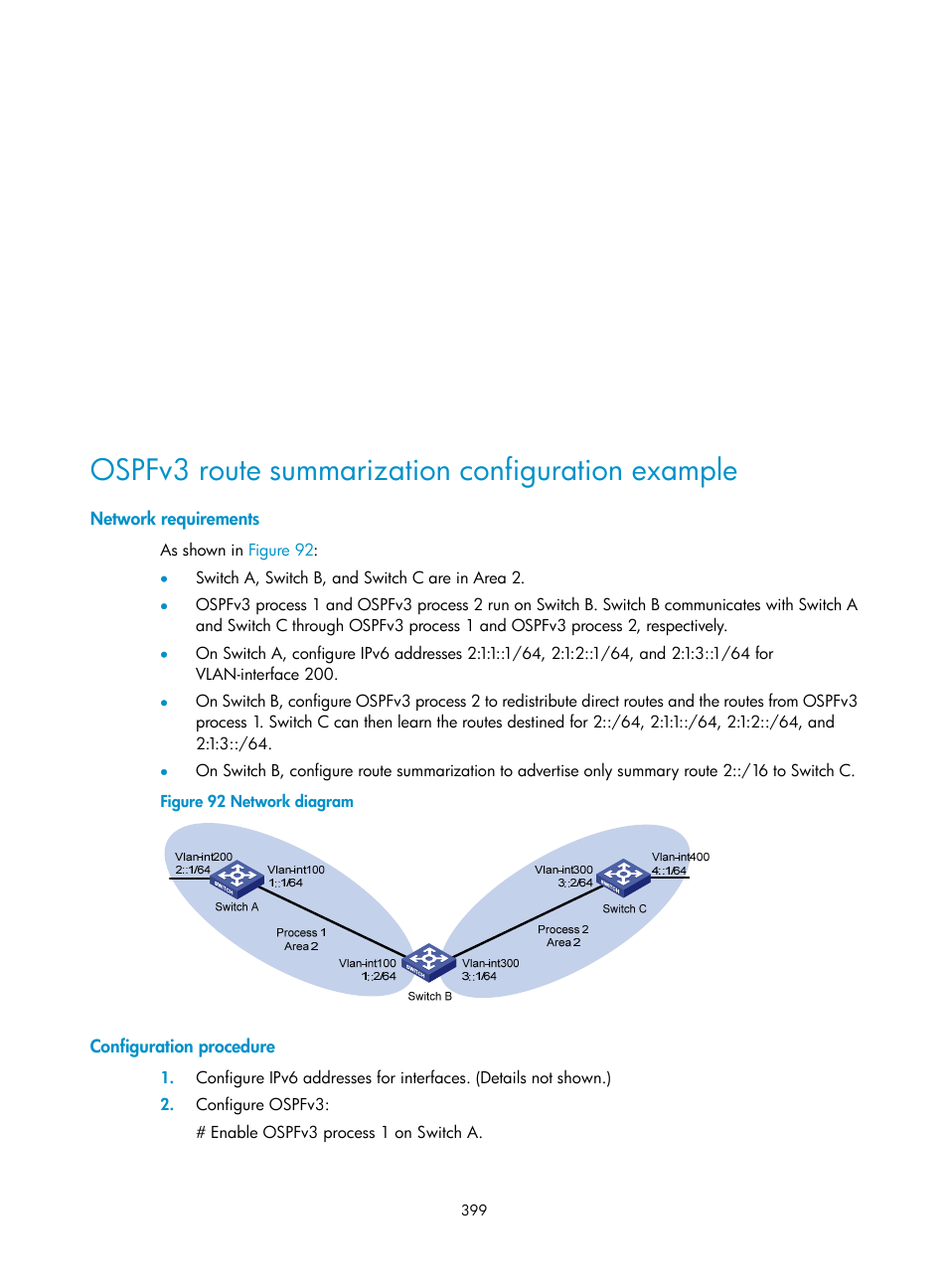 Ospfv3 route summarization configuration example, Network requirements, Configuration procedure | H3C Technologies H3C S5560 Series Switches User Manual | Page 415 / 510