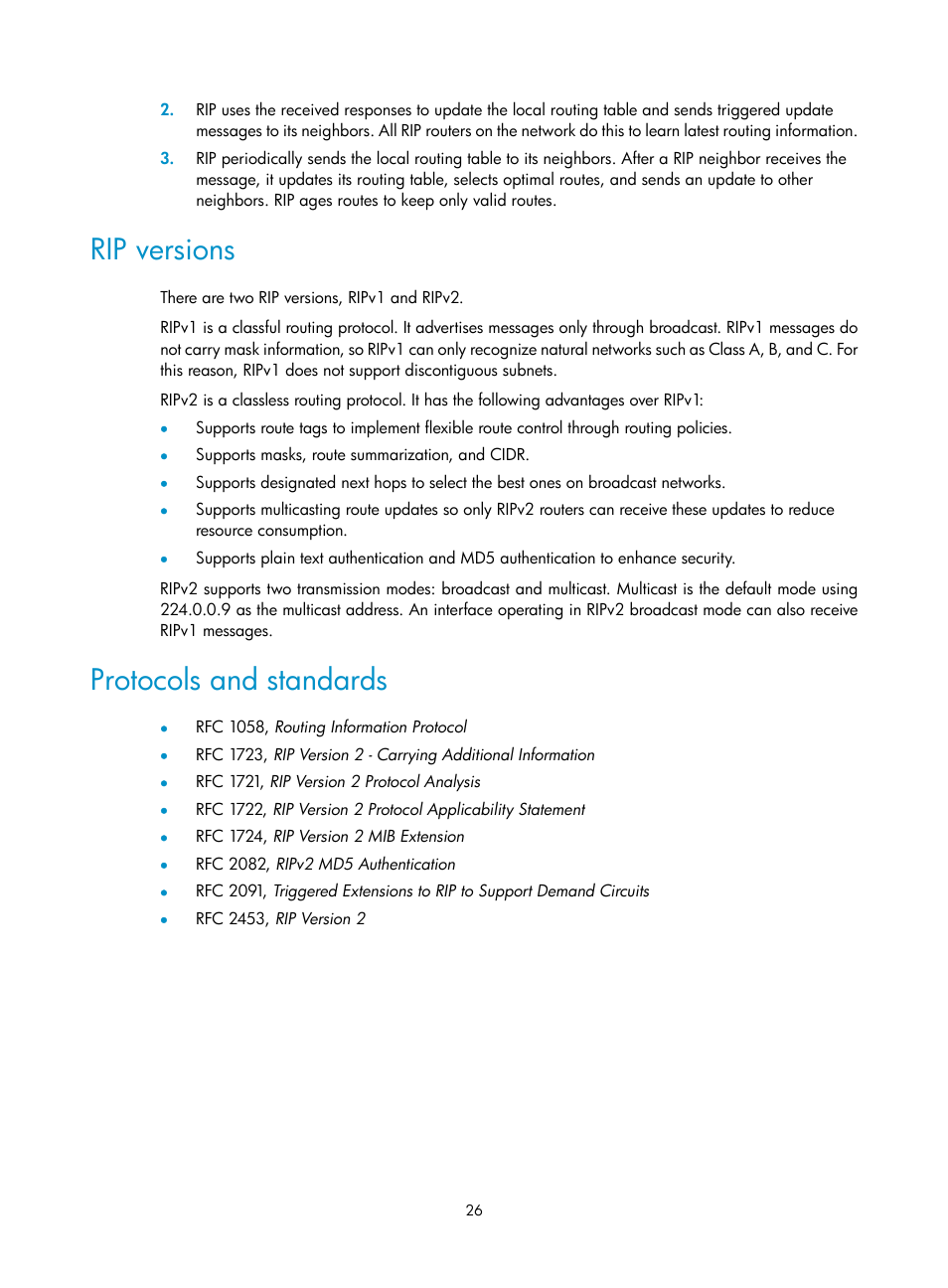 Rip versions, Protocols and standards | H3C Technologies H3C S5560 Series Switches User Manual | Page 42 / 510