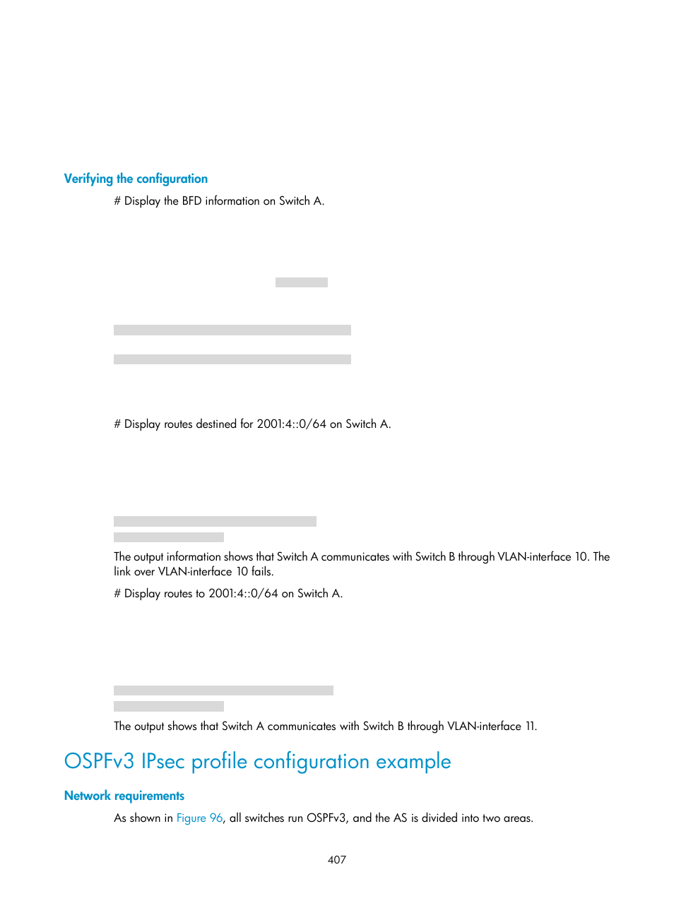 Verifying the configuration, Ospfv3 ipsec profile configuration example, Network requirements | H3C Technologies H3C S5560 Series Switches User Manual | Page 423 / 510