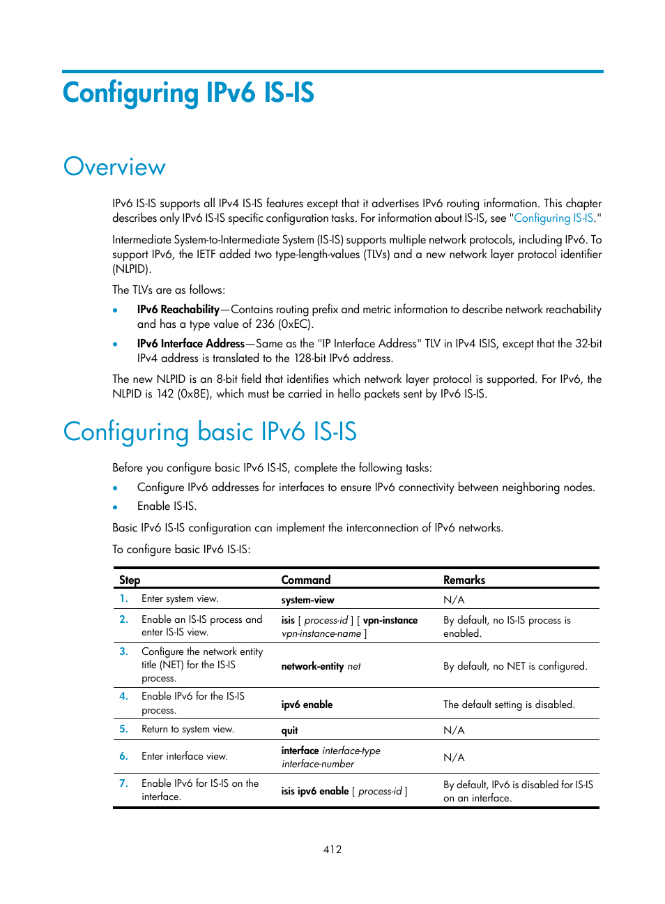 Configuring ipv6 is-is, Overview, Configuring basic ipv6 is-is | H3C Technologies H3C S5560 Series Switches User Manual | Page 428 / 510