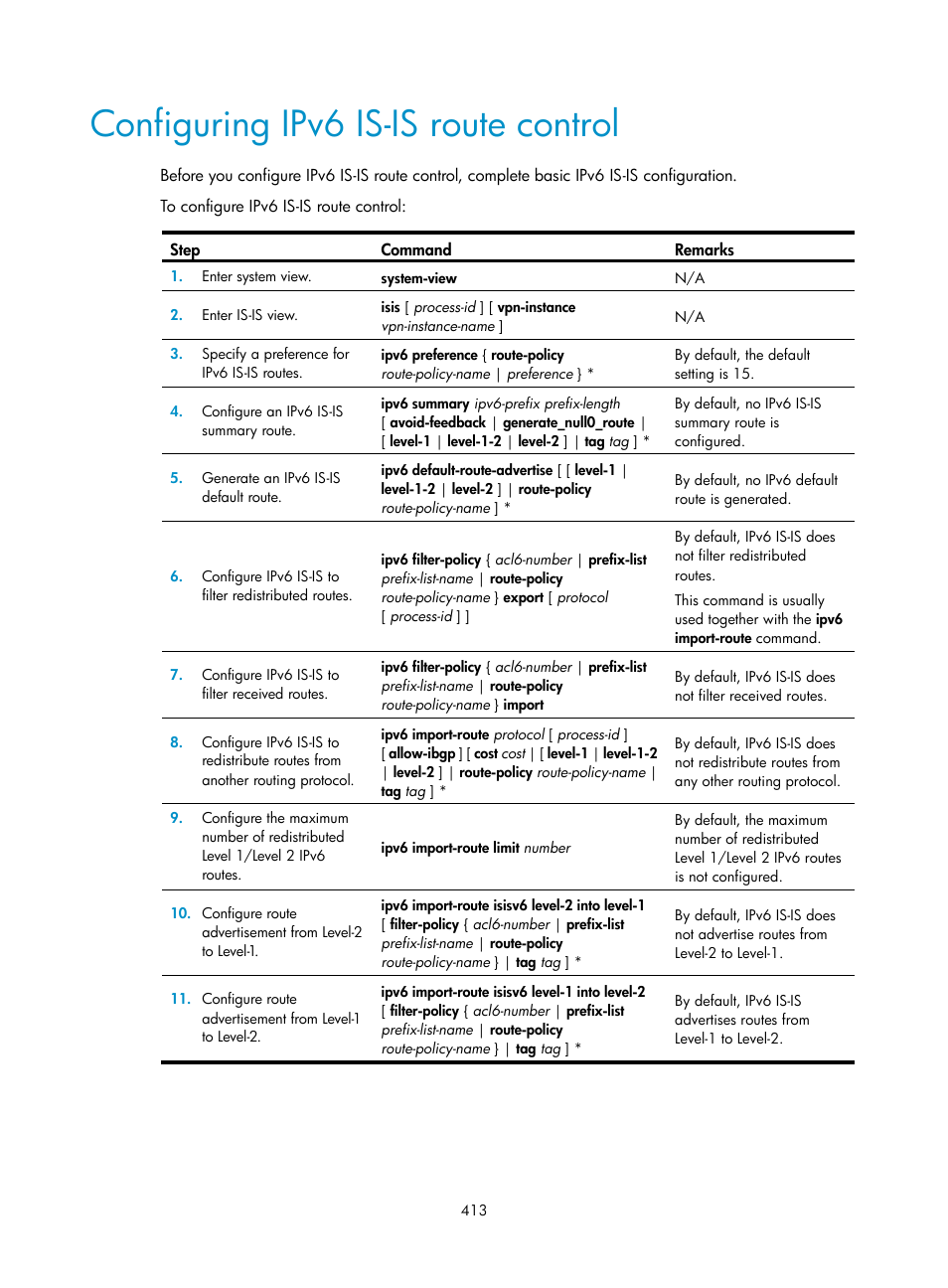 Configuring ipv6 is-is route control | H3C Technologies H3C S5560 Series Switches User Manual | Page 429 / 510