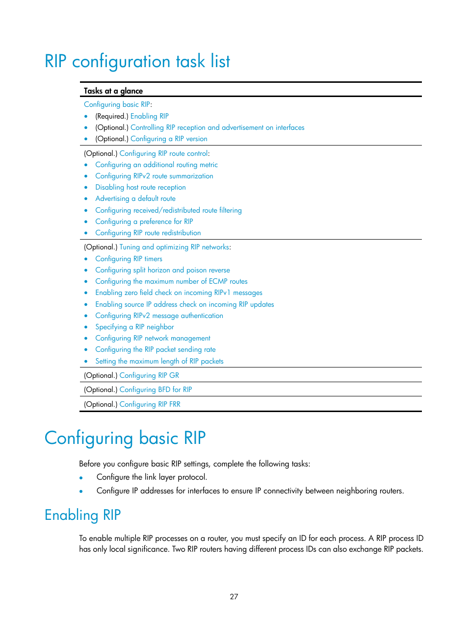 Rip configuration task list, Configuring basic rip, Enabling rip | H3C Technologies H3C S5560 Series Switches User Manual | Page 43 / 510