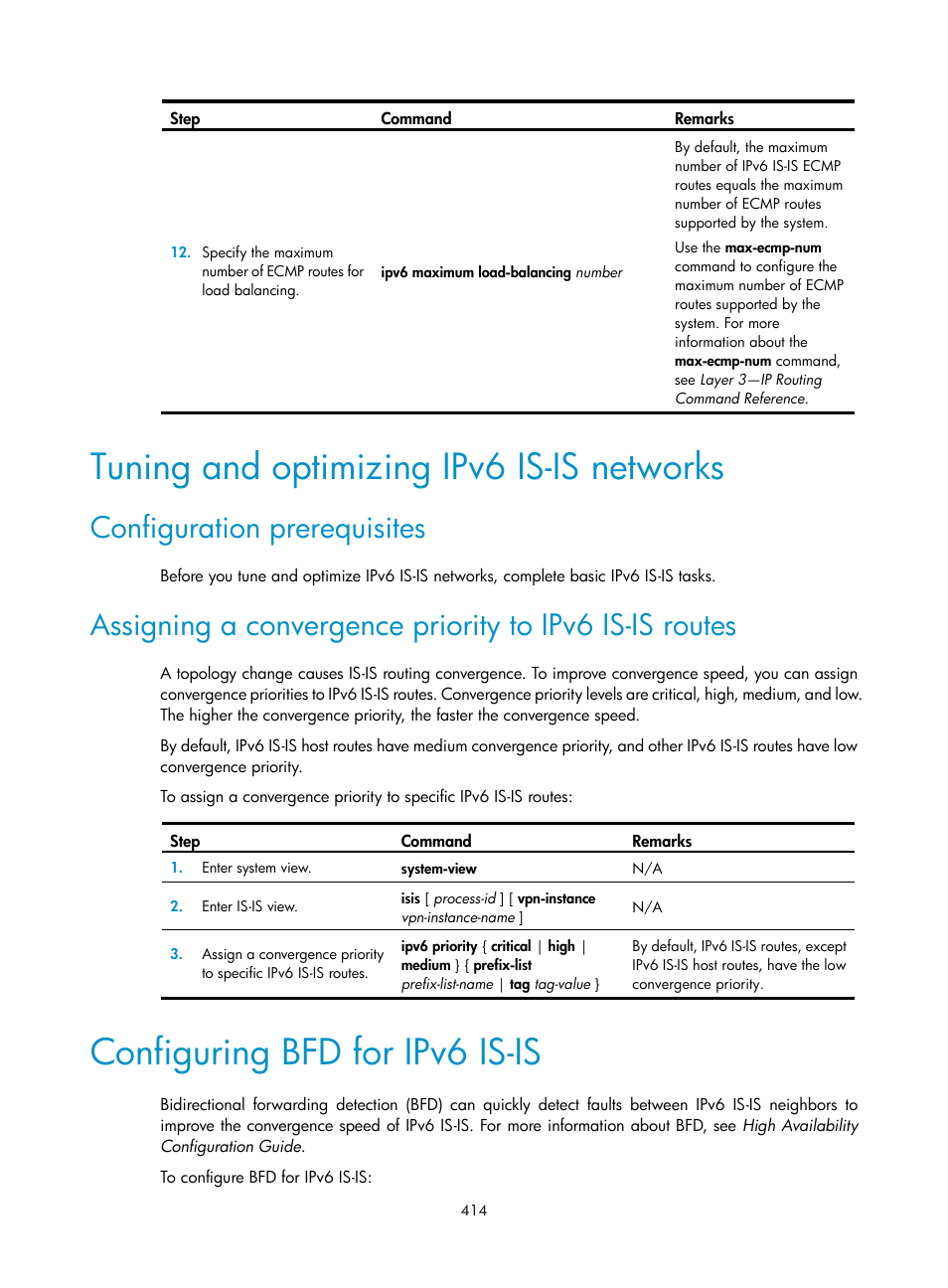 Tuning and optimizing ipv6 is-is networks, Configuration prerequisites, Configuring bfd for ipv6 is-is | H3C Technologies H3C S5560 Series Switches User Manual | Page 430 / 510