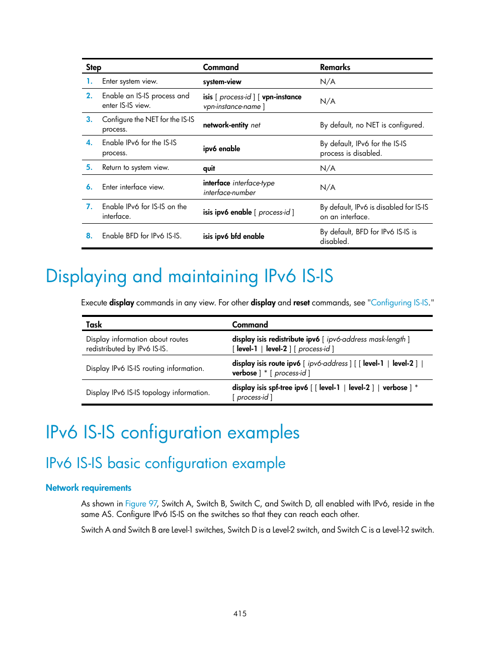 Displaying and maintaining ipv6 is-is, Ipv6 is-is configuration examples, Ipv6 is-is basic configuration example | Network requirements | H3C Technologies H3C S5560 Series Switches User Manual | Page 431 / 510