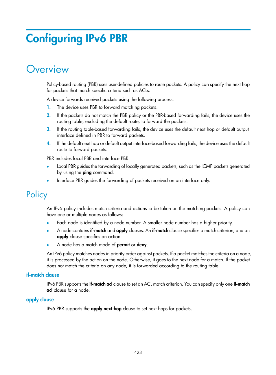 Configuring ipv6 pbr, Overview, Policy | If-match clause, Apply clause | H3C Technologies H3C S5560 Series Switches User Manual | Page 439 / 510