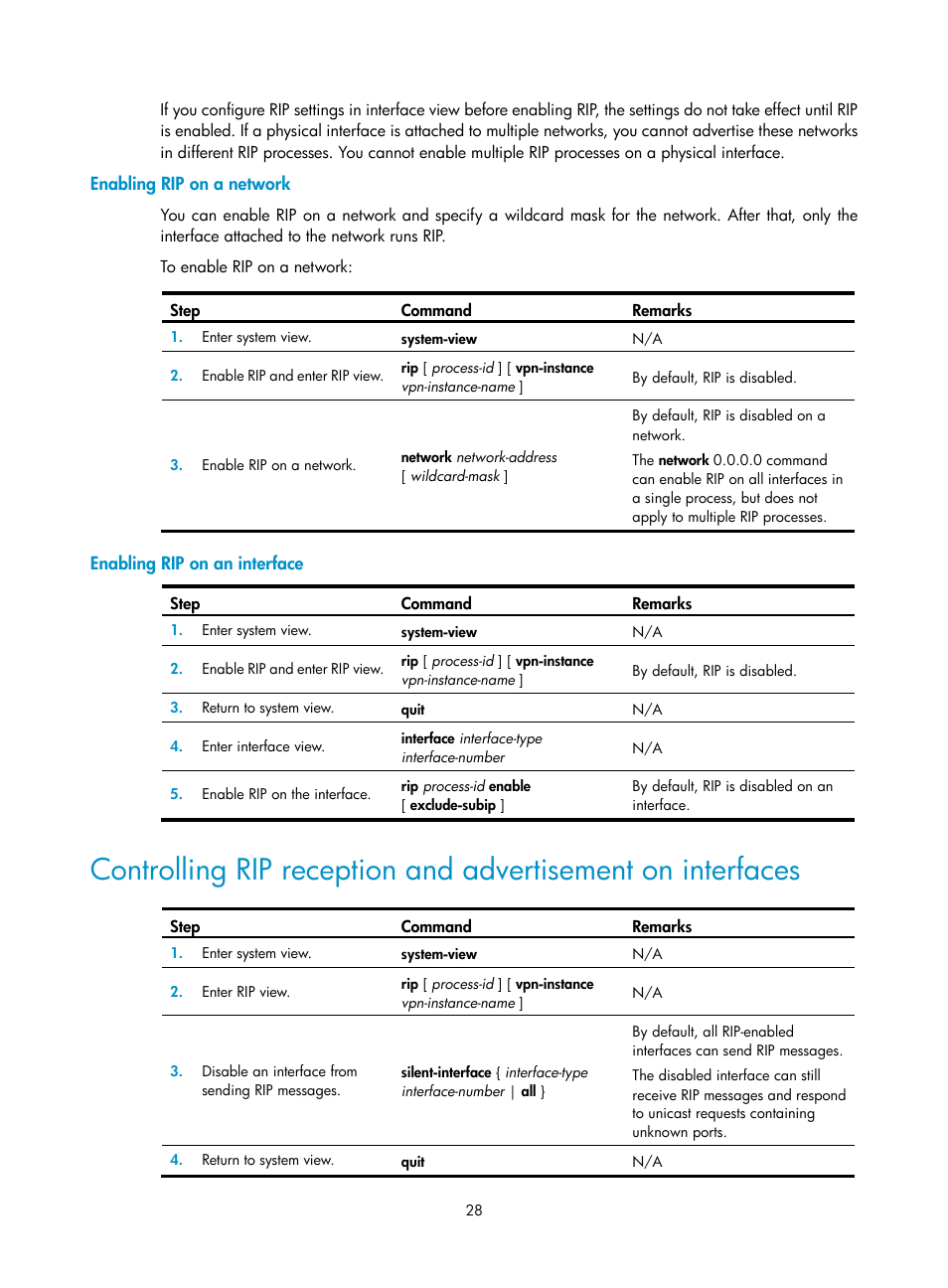 Enabling rip on a network, Enabling rip on an interface | H3C Technologies H3C S5560 Series Switches User Manual | Page 44 / 510