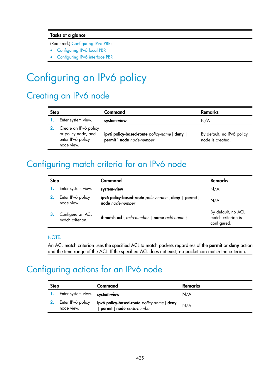 Configuring an ipv6 policy, Creating an ipv6 node, Configuring match criteria for an ipv6 node | Configuring actions for an ipv6 node, Required.) | H3C Technologies H3C S5560 Series Switches User Manual | Page 441 / 510