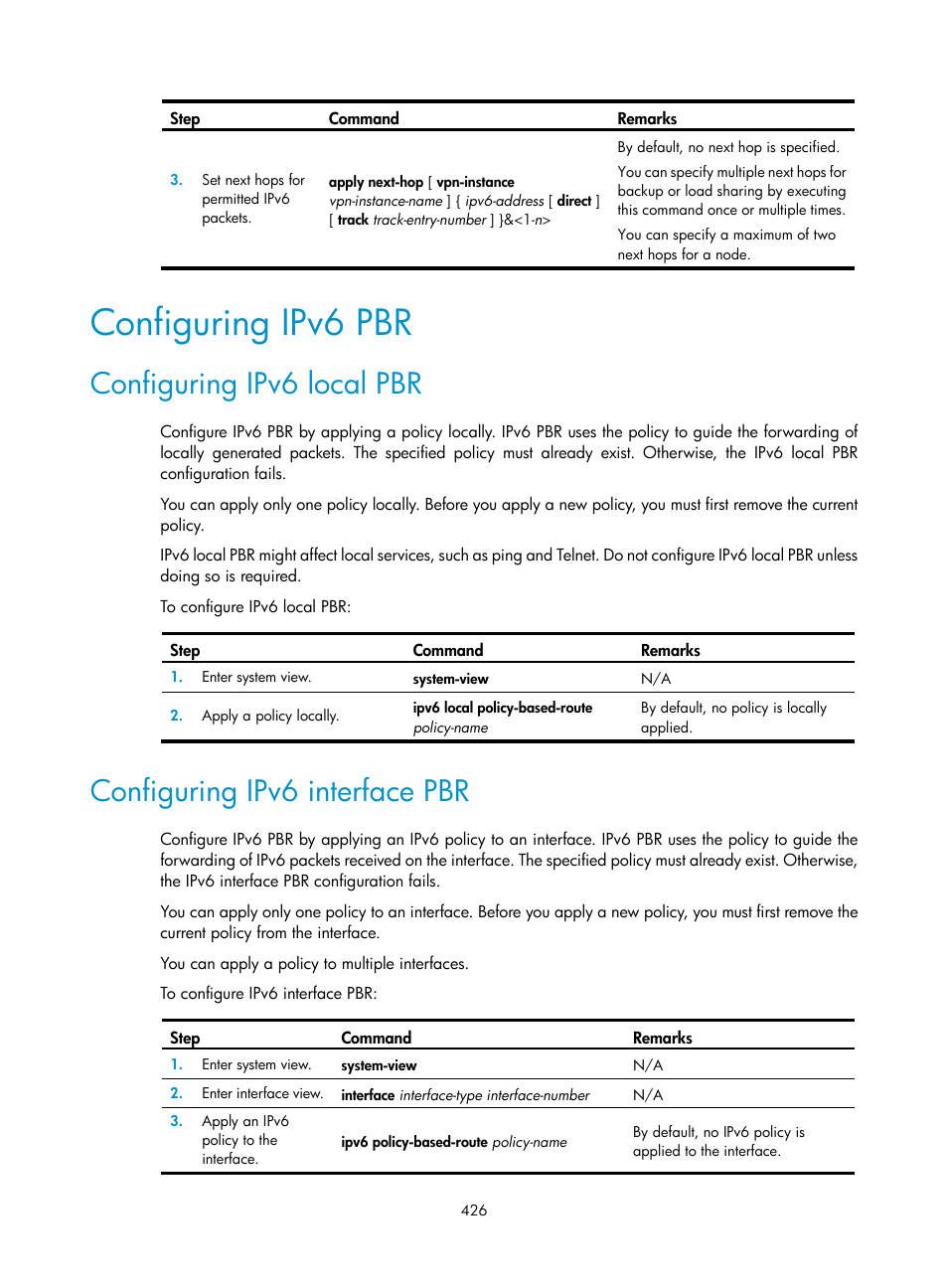 Configuring ipv6 pbr, Configuring ipv6 local pbr, Configuring ipv6 interface pbr | Required.) | H3C Technologies H3C S5560 Series Switches User Manual | Page 442 / 510