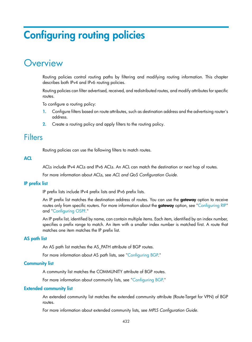 Configuring routing policies, Overview, Filters | Ip prefix list, As path list, Community list, Extended community list, Configuring routing, Policies | H3C Technologies H3C S5560 Series Switches User Manual | Page 448 / 510