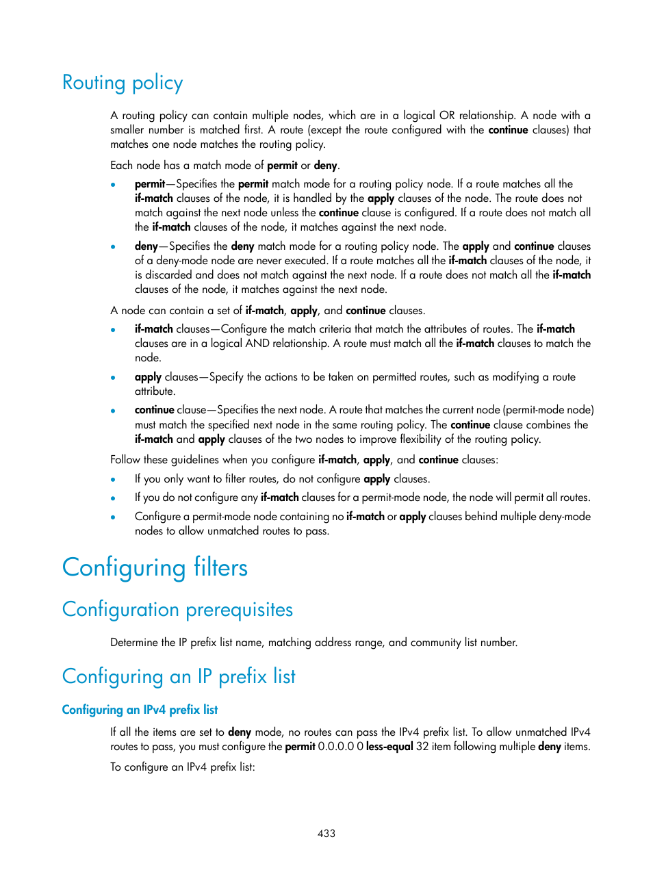 Routing policy, Configuring filters, Configuration prerequisites | Configuring an ip prefix list, Configuring an ipv4 prefix list | H3C Technologies H3C S5560 Series Switches User Manual | Page 449 / 510