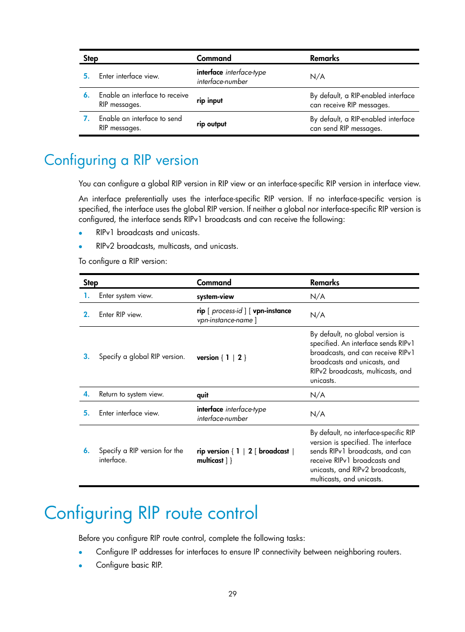 Configuring a rip version, Configuring rip route control | H3C Technologies H3C S5560 Series Switches User Manual | Page 45 / 510