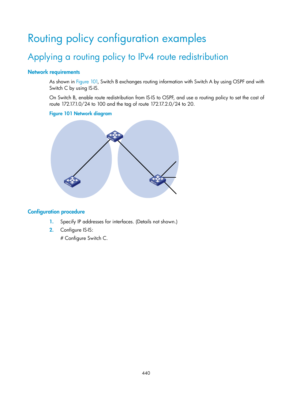 Routing policy configuration examples, Network requirements, Configuration procedure | H3C Technologies H3C S5560 Series Switches User Manual | Page 456 / 510