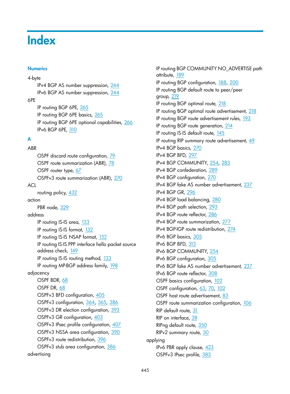 Index | H3C Technologies H3C S5560 Series Switches User Manual | Page 461 / 510