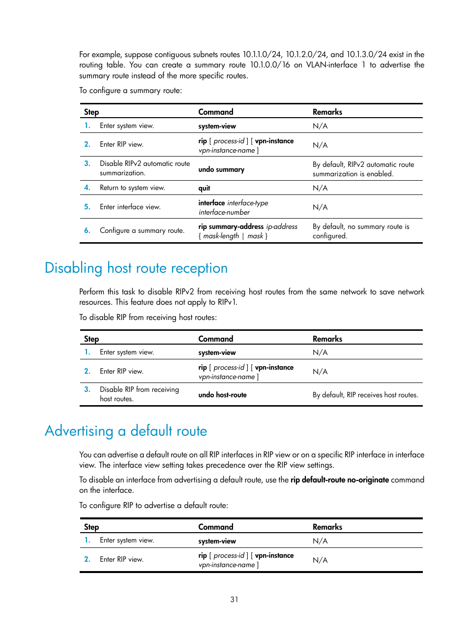 Disabling host route reception, Advertising a default route | H3C Technologies H3C S5560 Series Switches User Manual | Page 47 / 510