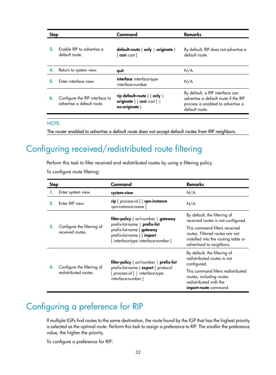 Configuring received/redistributed route filtering, Configuring a preference for rip | H3C Technologies H3C S5560 Series Switches User Manual | Page 48 / 510