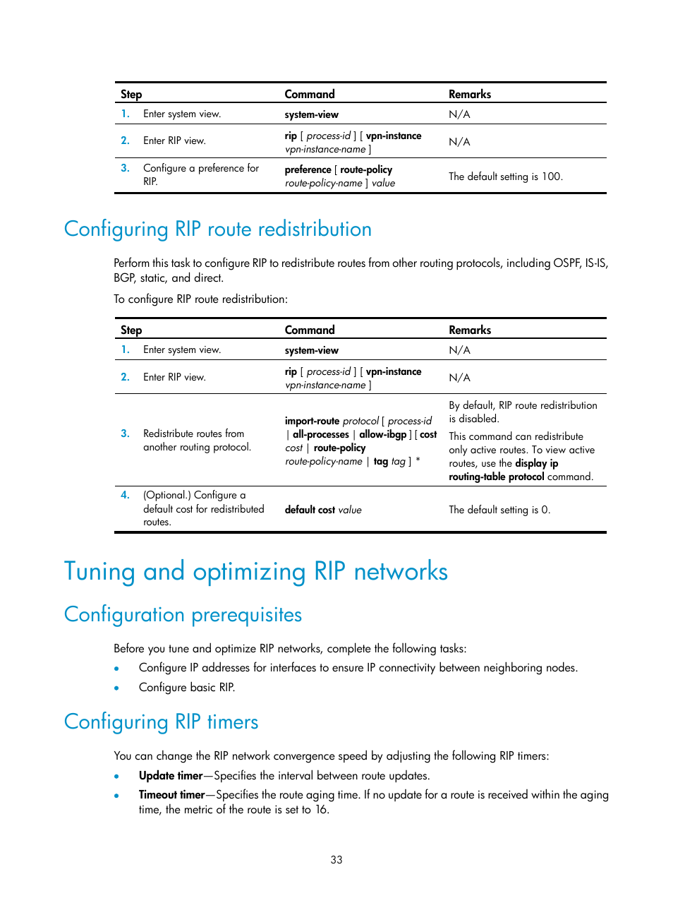 Configuring rip route redistribution, Tuning and optimizing rip networks, Configuration prerequisites | Configuring rip timers | H3C Technologies H3C S5560 Series Switches User Manual | Page 49 / 510