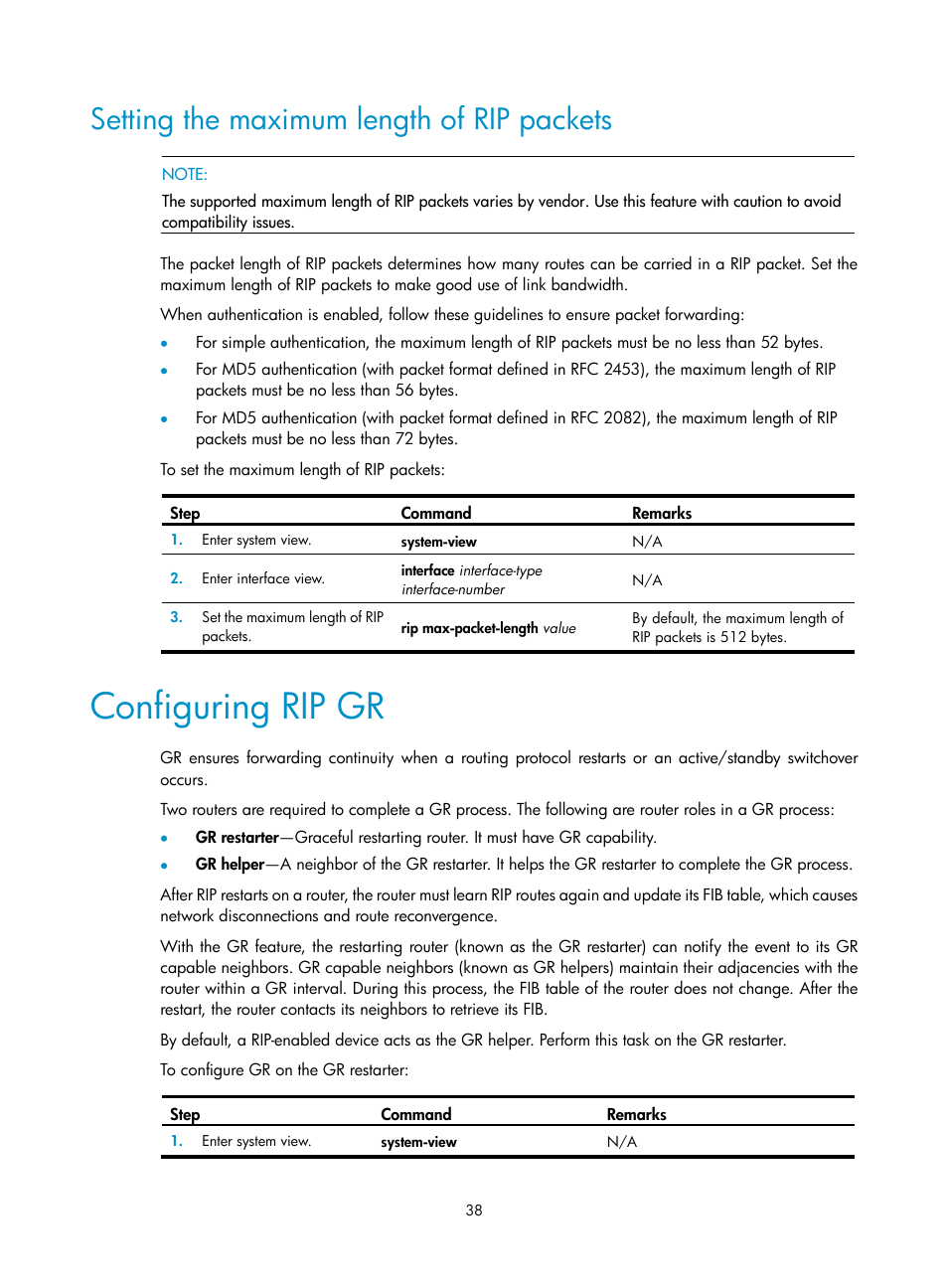 Setting the maximum length of rip packets, Configuring rip gr | H3C Technologies H3C S5560 Series Switches User Manual | Page 54 / 510