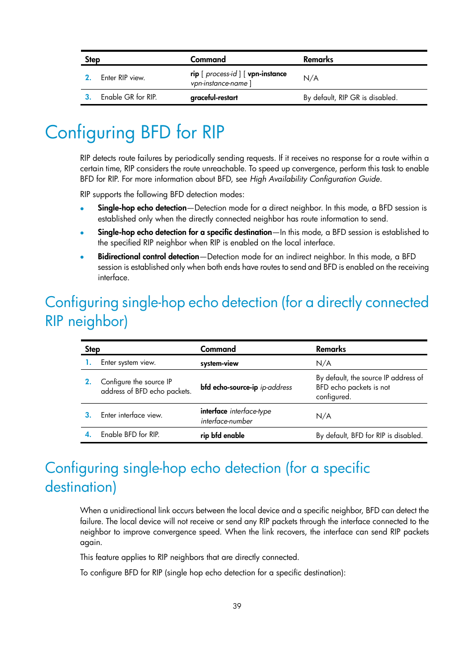 Configuring bfd for rip | H3C Technologies H3C S5560 Series Switches User Manual | Page 55 / 510