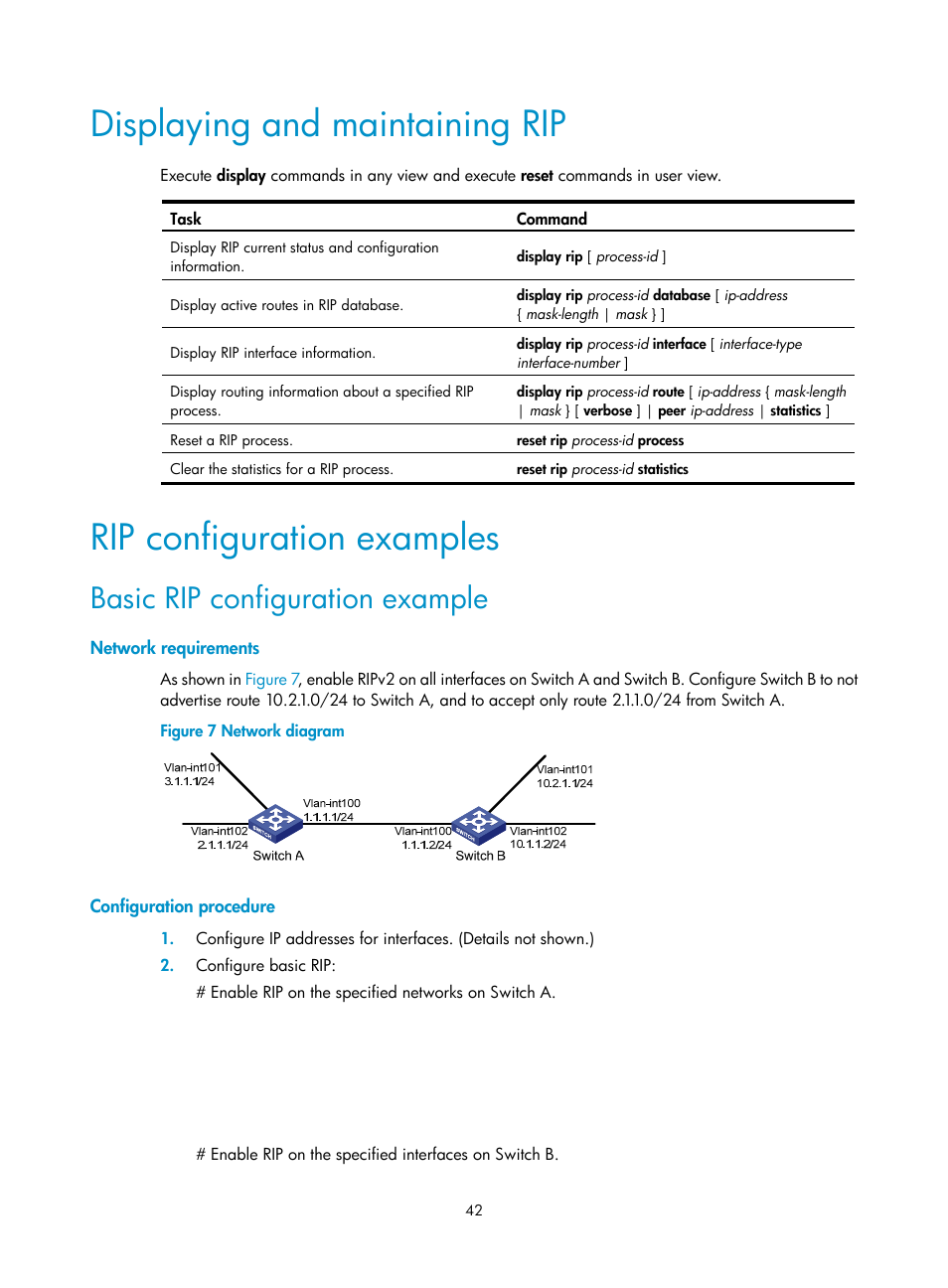 Displaying and maintaining rip, Rip configuration examples, Basic rip configuration example | Network requirements, Configuration procedure | H3C Technologies H3C S5560 Series Switches User Manual | Page 58 / 510