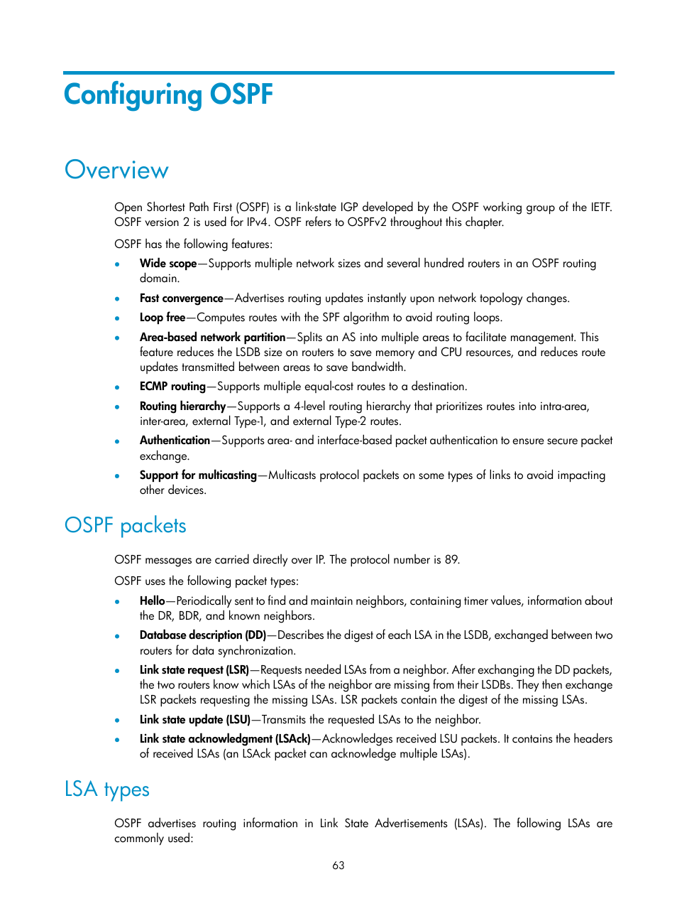 Configuring ospf, Overview, Ospf packets | Lsa types | H3C Technologies H3C S5560 Series Switches User Manual | Page 79 / 510