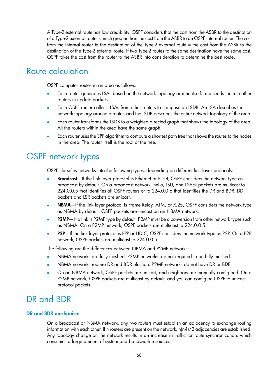 Route calculation, Ospf network types, Dr and bdr | Dr and bdr mechanism | H3C Technologies H3C S5560 Series Switches User Manual | Page 84 / 510