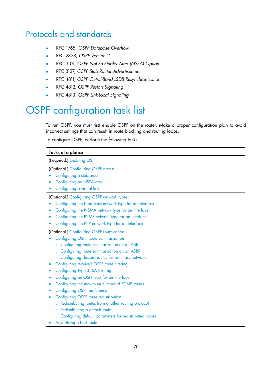 Protocols and standards, Ospf configuration task list | H3C Technologies H3C S5560 Series Switches User Manual | Page 86 / 510