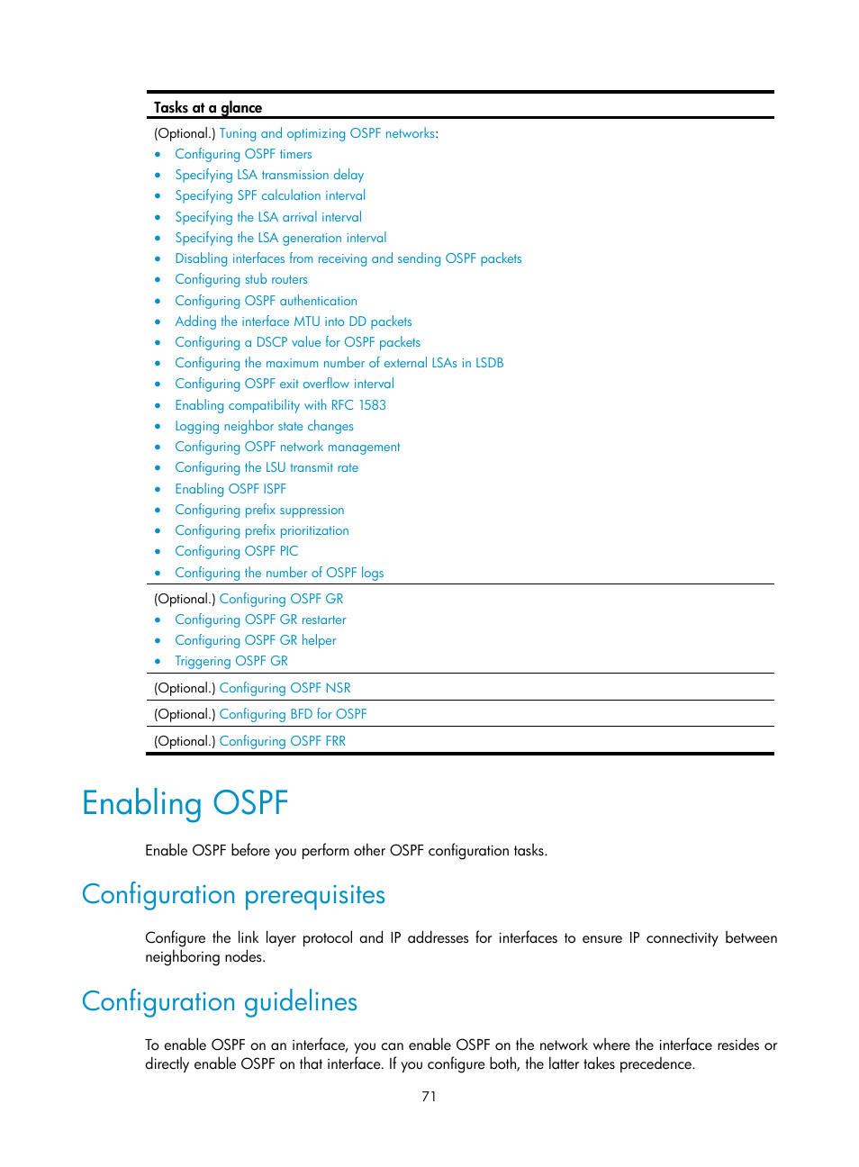 Enabling ospf, Configuration prerequisites, Configuration guidelines | Required.) | H3C Technologies H3C S5560 Series Switches User Manual | Page 87 / 510