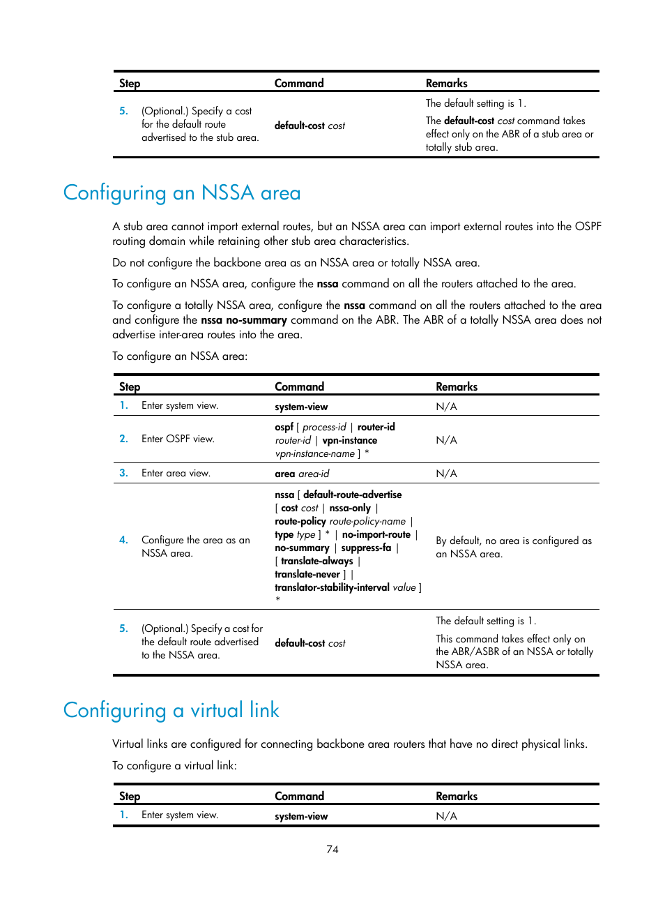 Configuring an nssa area, Configuring a virtual link | H3C Technologies H3C S5560 Series Switches User Manual | Page 90 / 510