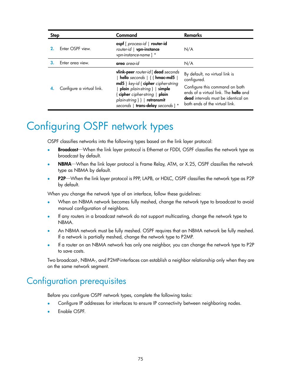 Configuring ospf network types, Configuration prerequisites | H3C Technologies H3C S5560 Series Switches User Manual | Page 91 / 510