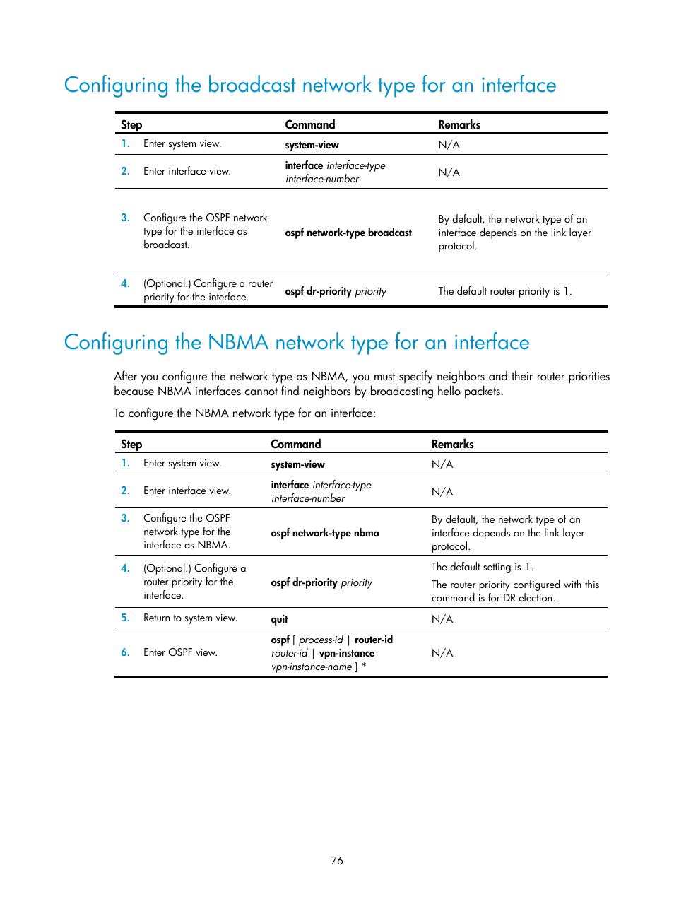 Configuring the nbma network type for an interface | H3C Technologies H3C S5560 Series Switches User Manual | Page 92 / 510